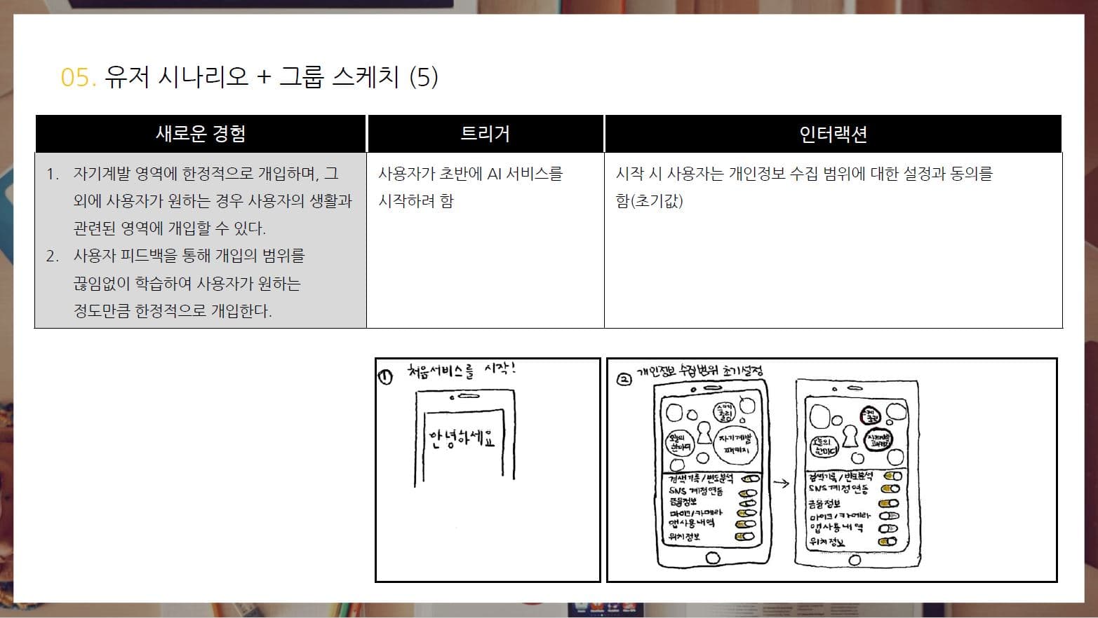유저 시나리오 + 그룹 스케치 — 서비스 시작과 개인정보 수집범위 초기 설정